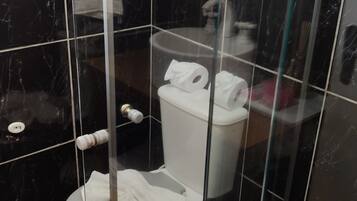 Un baño con inodoro, separador de vidrio y una toalla en el suelo.