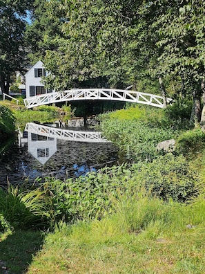 A white bridge over a pond with lush greenery and a building in the background.