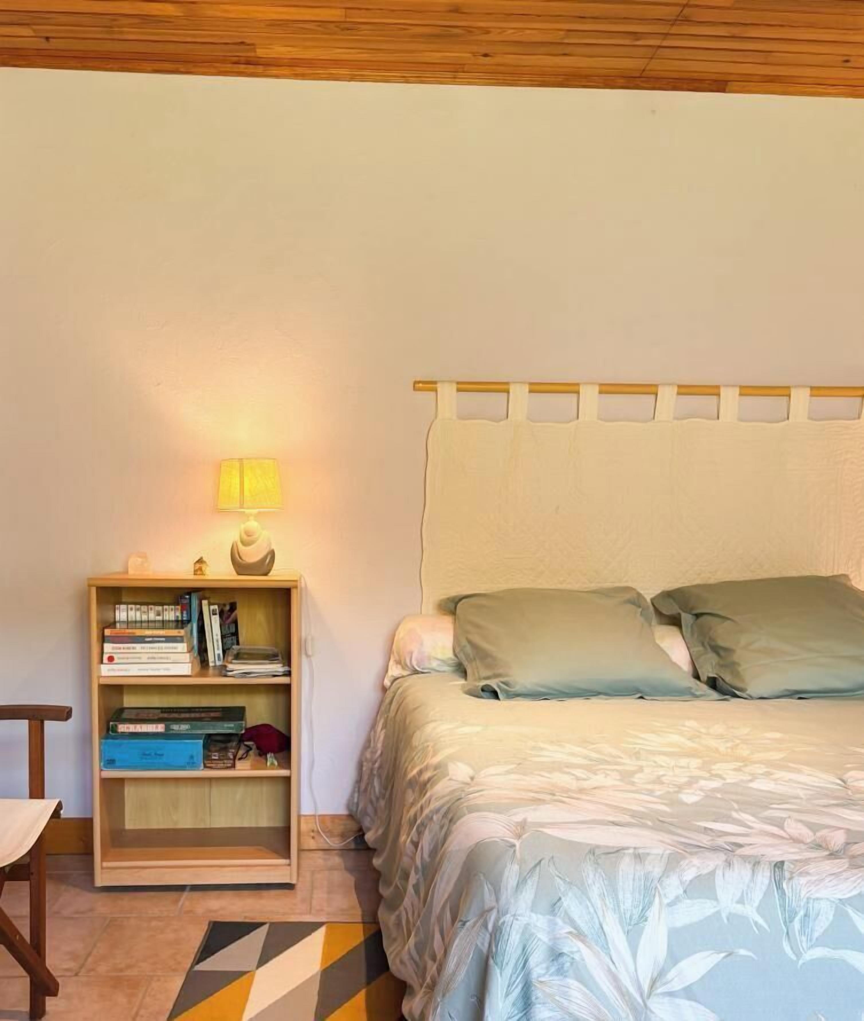 Ein Schlafzimmer mit einem Bett, einem Nachttisch mit Lampe und einem Bücherregal.