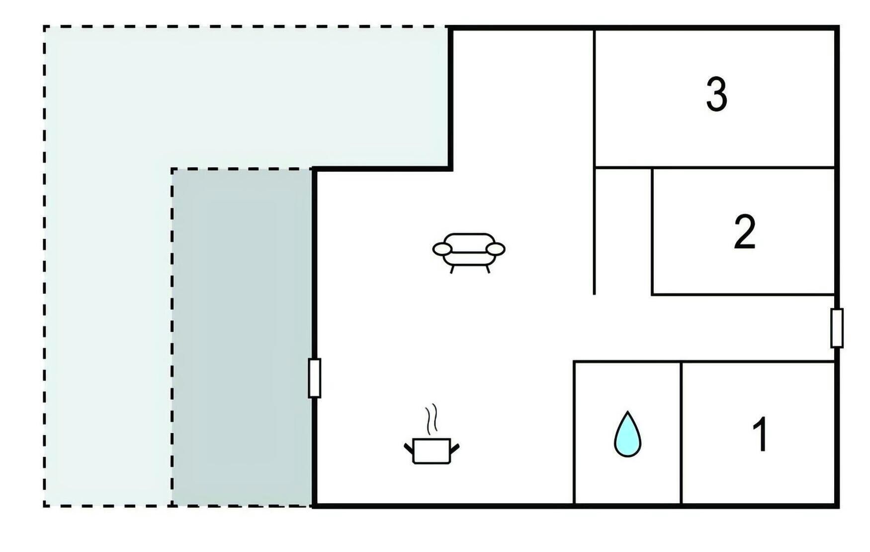 A floor plan with three numbered rooms, a bathroom, and a sofa.