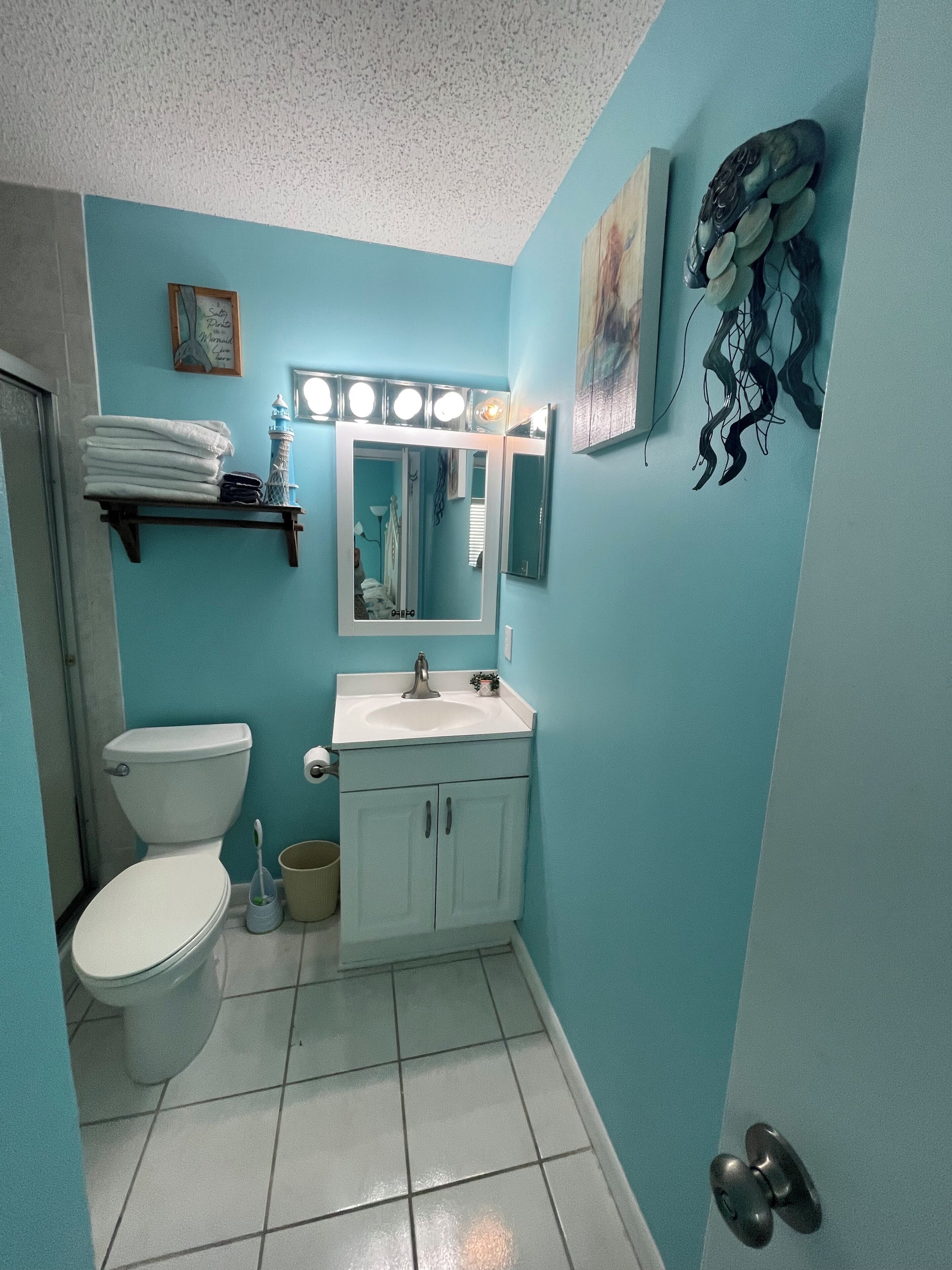 Séchoir à cheveux, serviettes fournies, savon, papier de toilette
