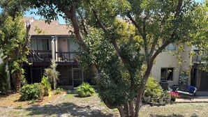 A residential area with a tree in a circular planter, a balcony with outdoor furniture, and a building with a tiled roof. - Hidden Gem Sarasota Getaway Near Siesta Key (Sarasota)