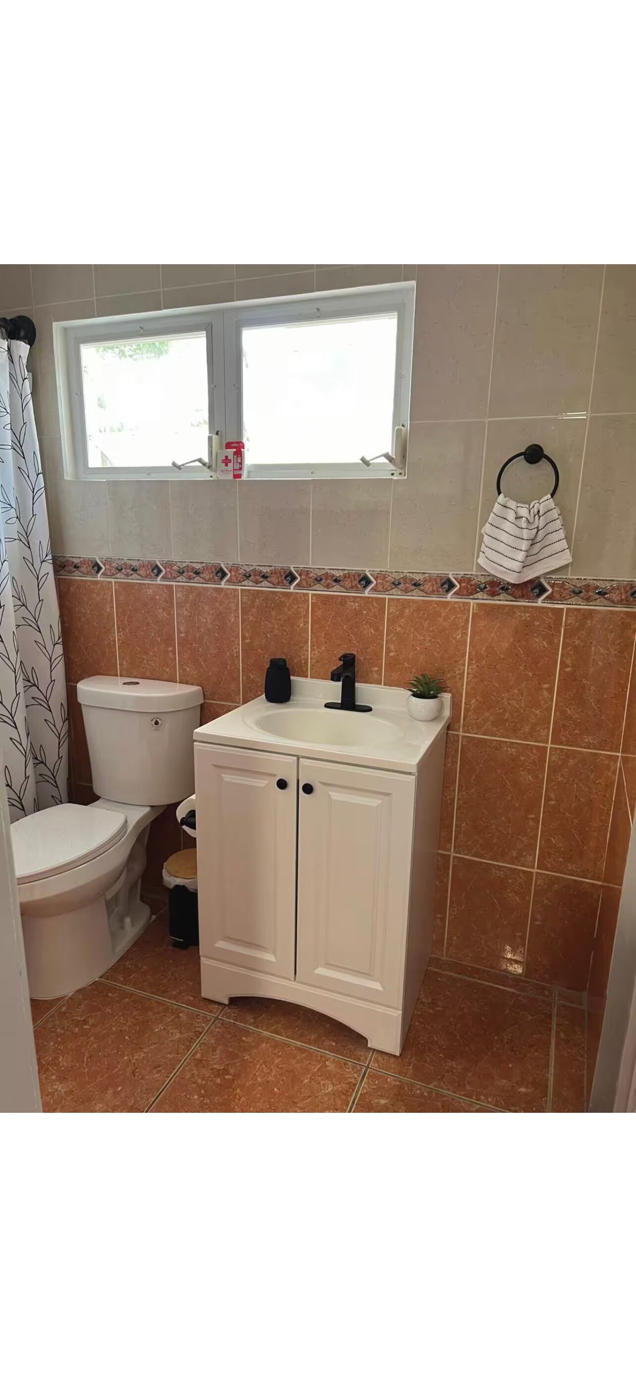 Un baño con inodoro, lavamanos, armario y ventana.