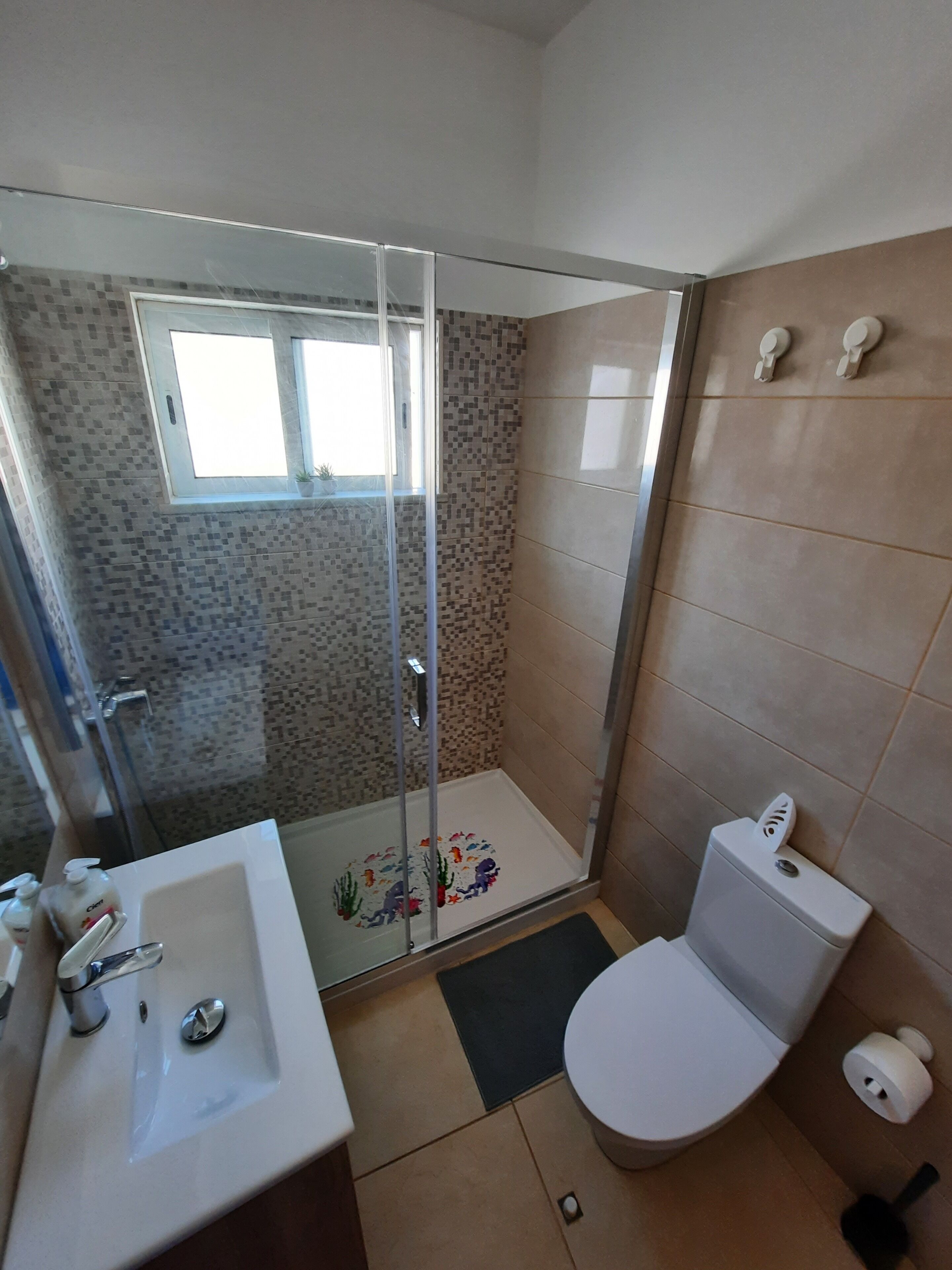 Shower, hair dryer, towels, soap