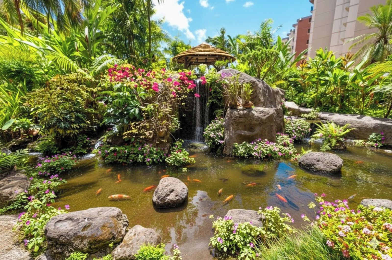 Ein Garten mit einem kleinen Wasserfall, Koi-Karpfen und tropischen Pflanzen.