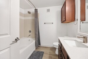 Hair dryer, towels, soap, toilet paper - Modern Styled  1 King+Sofa Bed Retreat Frisco, TX (Frisco)