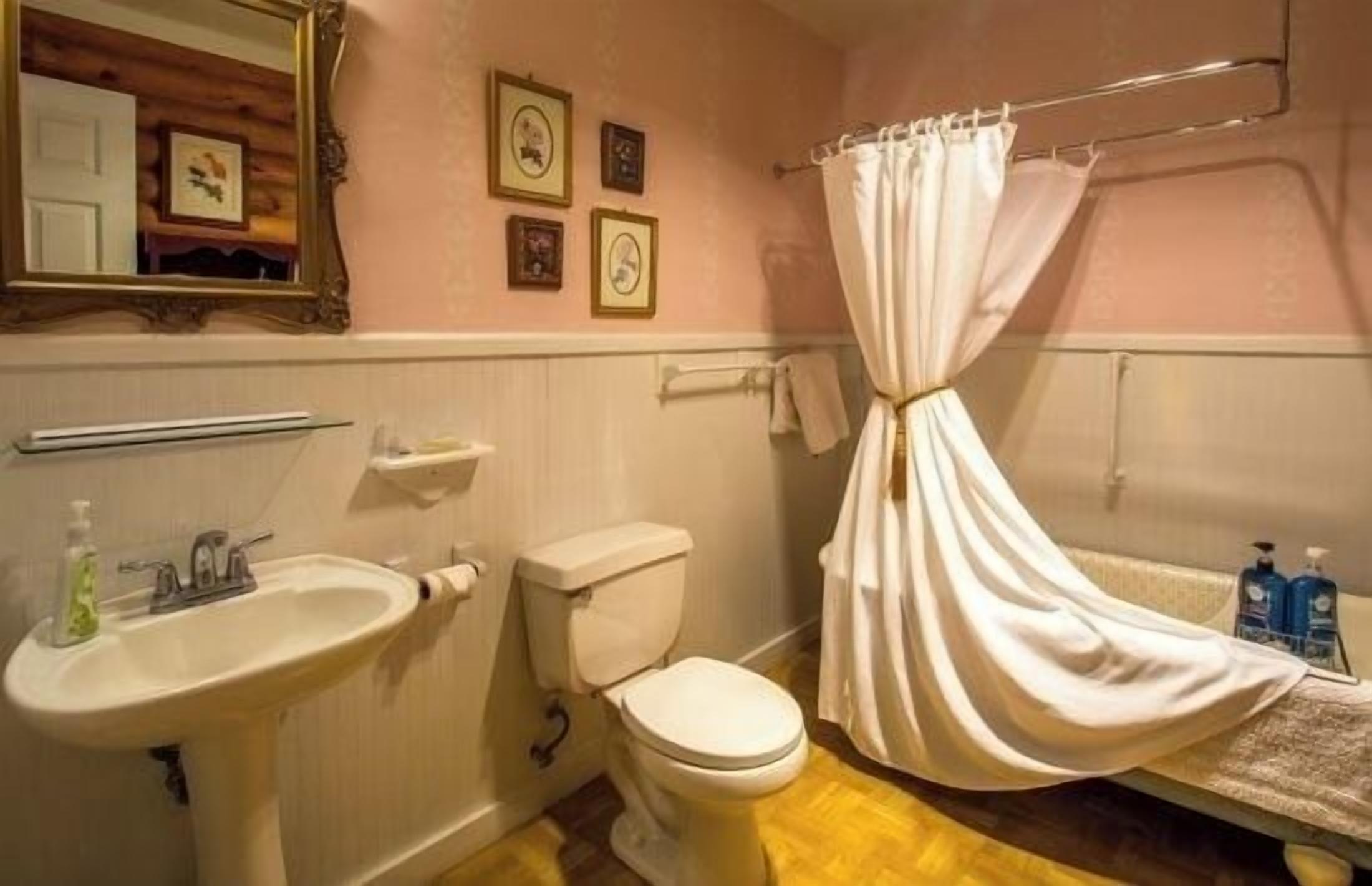 A bathroom with a sink, toilet, and shower curtain.