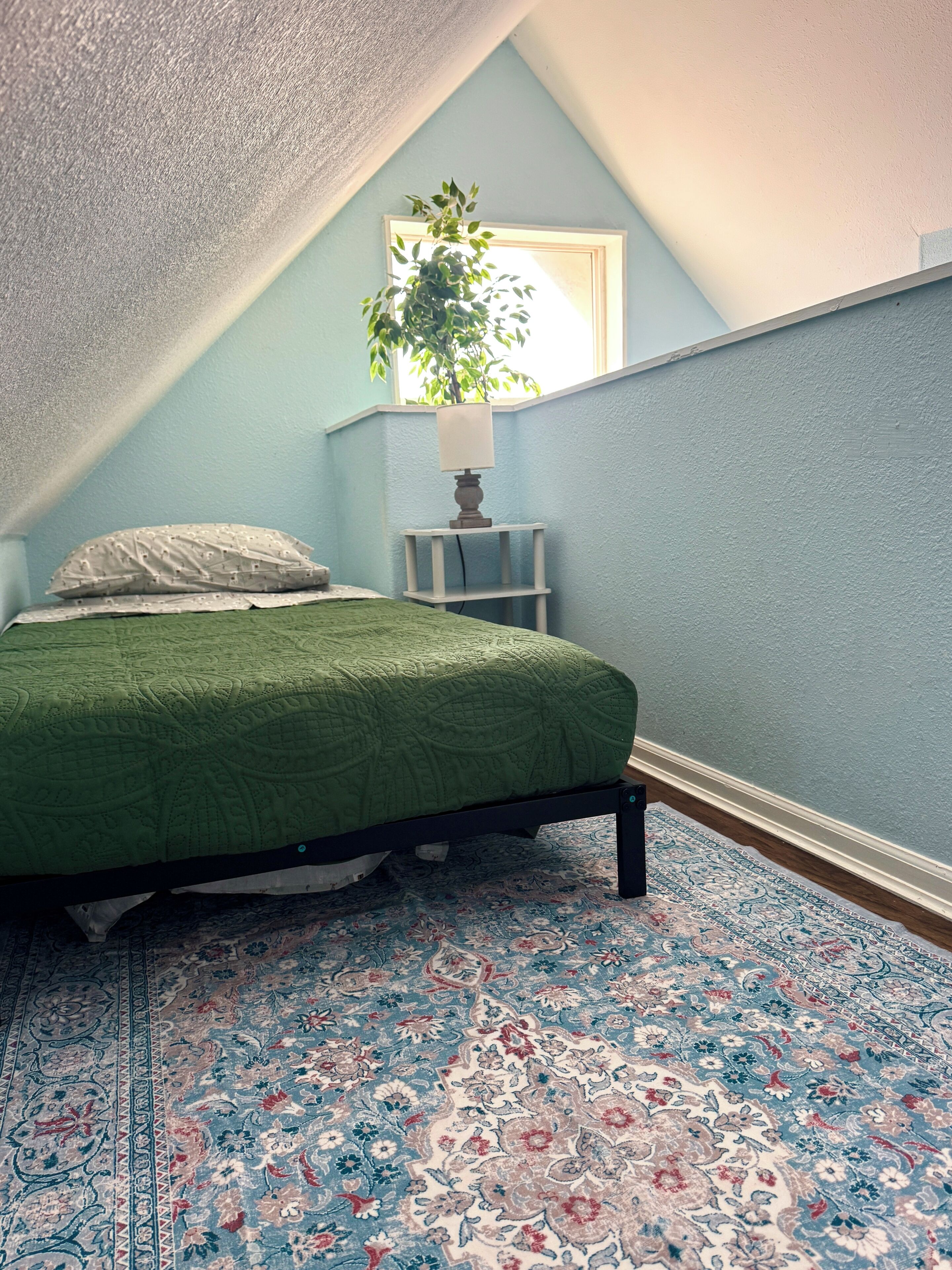 Un dormitorio con una cama verde, una alfombra estampada, una planta y una ventana.
