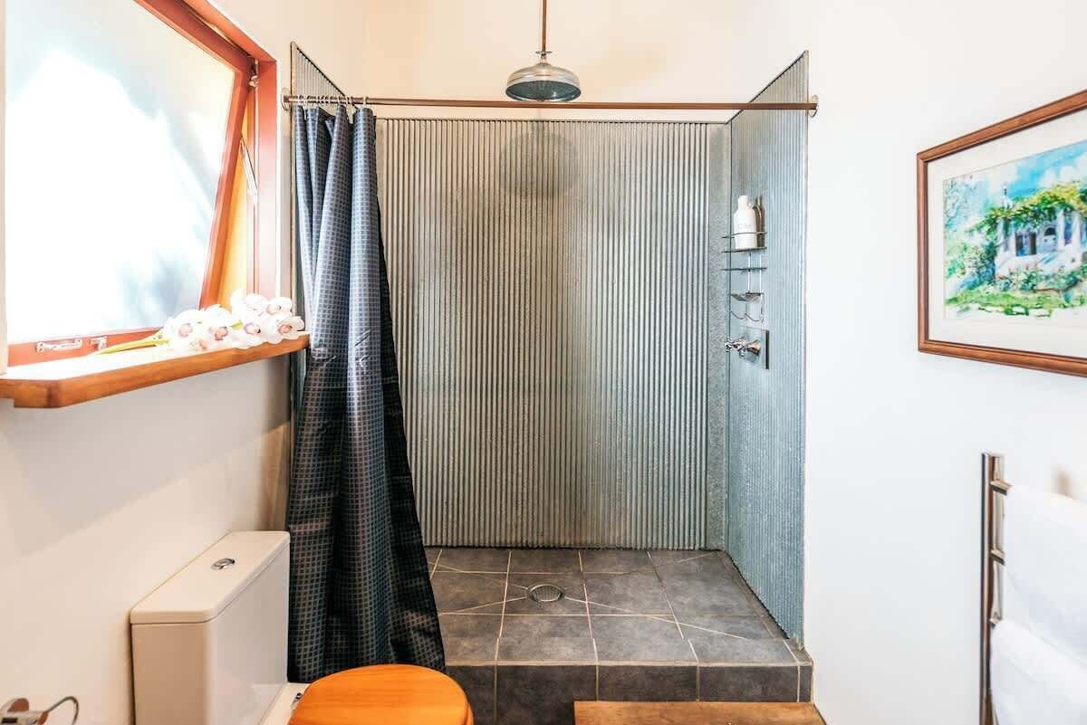 Shower, hair dryer, towels, shampoo