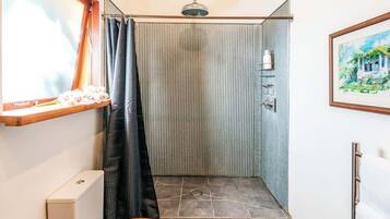 Shower, hair dryer, towels, shampoo