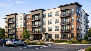 A multi-story residential building with balconies, a parking lot, and a landscaped area. - Prime Houston 2BR/2BA Galleria + RiverOaks Location (Houston)