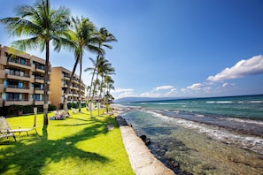 A beachfront hotel with a pool area, palm trees, and ocean views. - New Listing! Oceanfront 2BR Maui Escape (Honokowai)