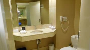 Hair dryer, towels, soap, shampoo