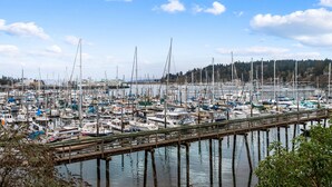 A marina with numerous boats docked, a wooden pier, and a forested hill in the background.