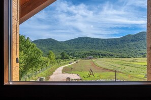 A view from a window overlooking a rural landscape with a dirt path, a swing set, and a building in the distance.