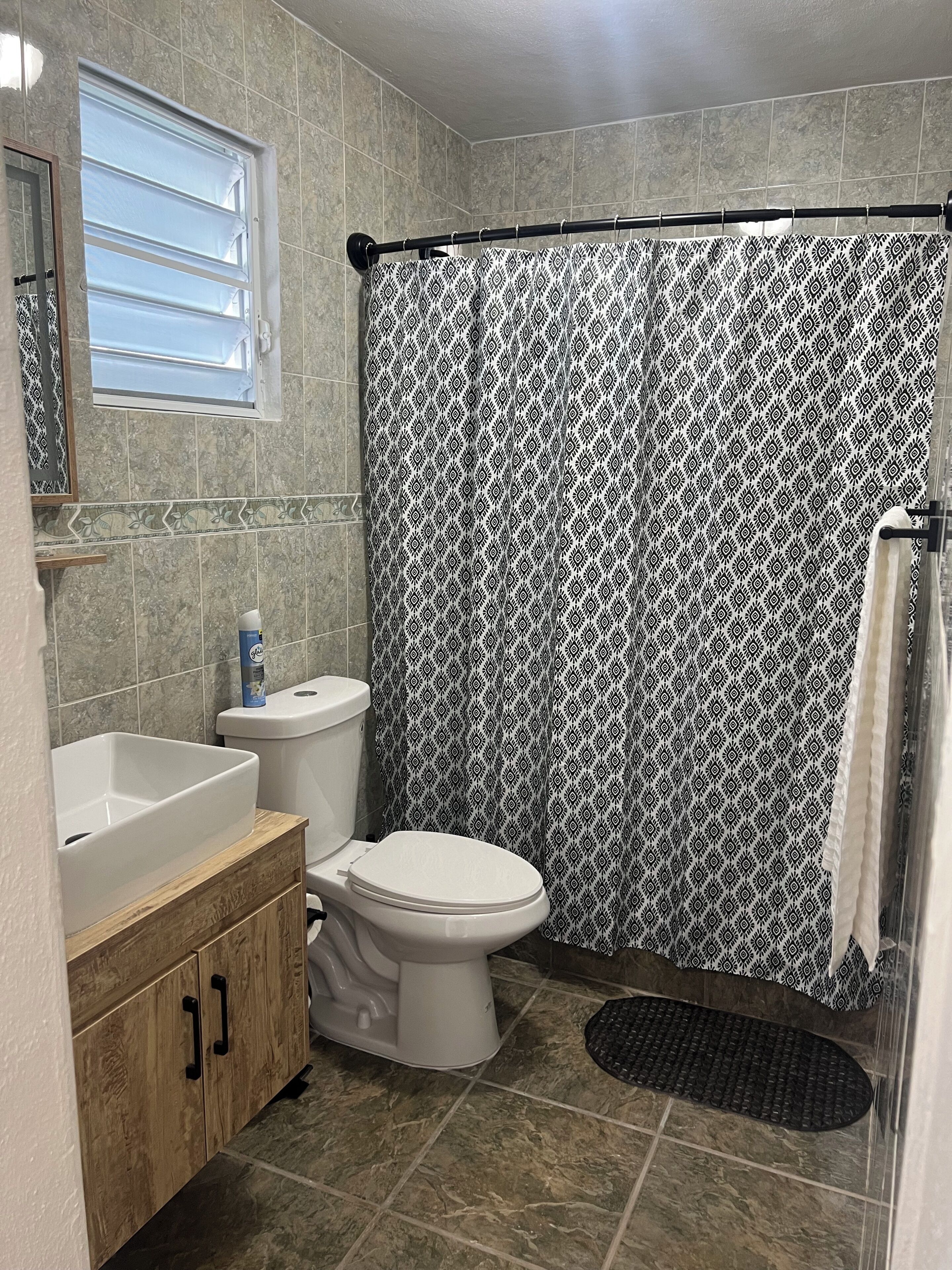 Hair dryer, towels, soap, toilet paper