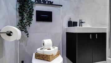 Shower, towels, soap, toilet paper