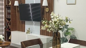 Zona pranzo con tavolo in vetro, sedie di legno, TV montata su un pannello di legno e oggetti decorativi.