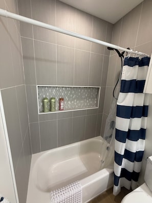 Hair dryer, towels, soap, toilet paper