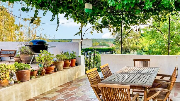 An outdoor patio with a wooden table and chairs, a barbecue grill, and potted plants. - Beautiful home in Alignan-Du-Vent (Alignan-Du-Vent)