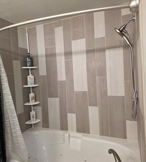 Hair dryer, towels, soap, shampoo