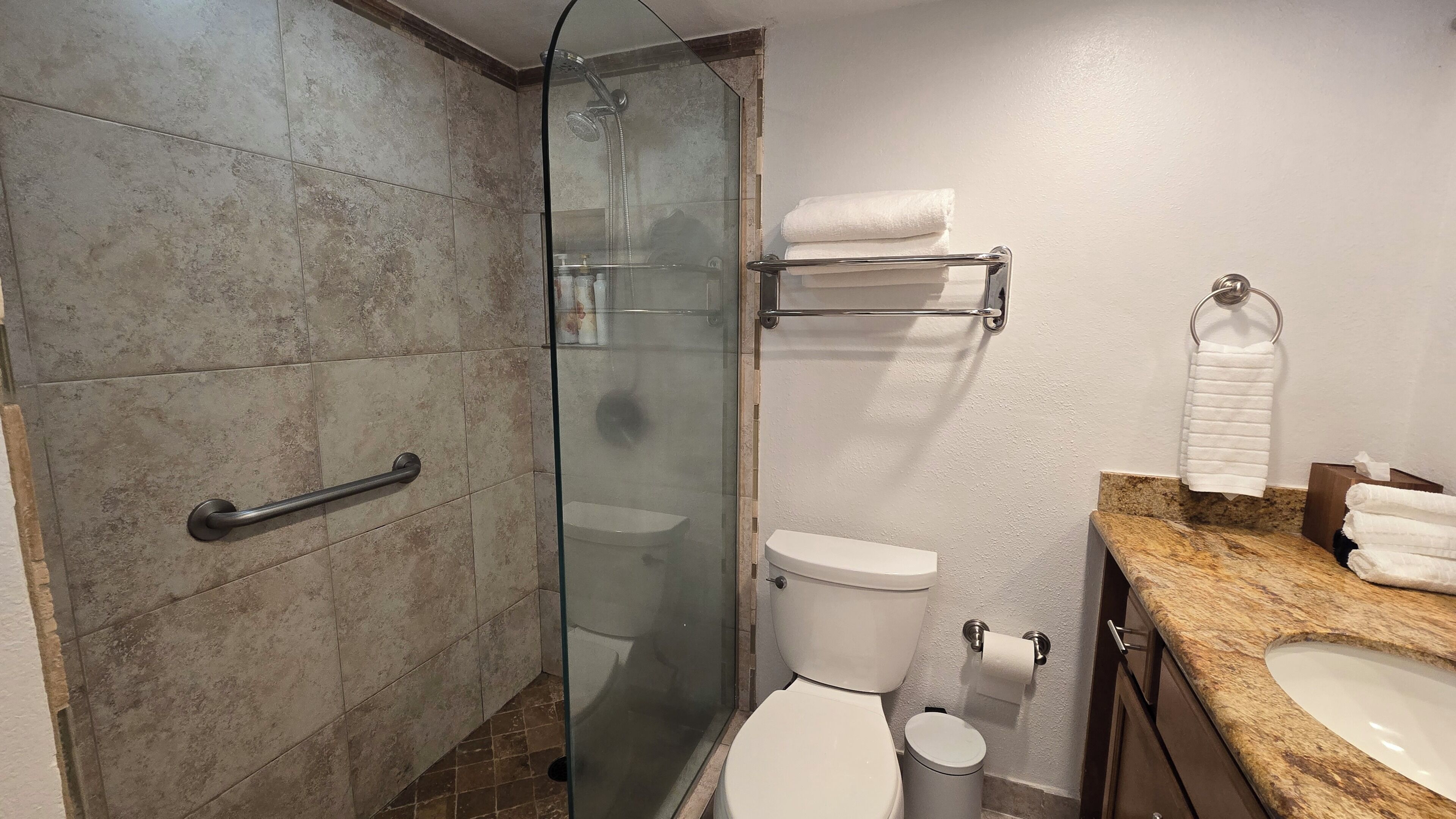 Une salle de bain avec une douche à parois de verre, des toilettes, un lavabo et un porte-serviettes.