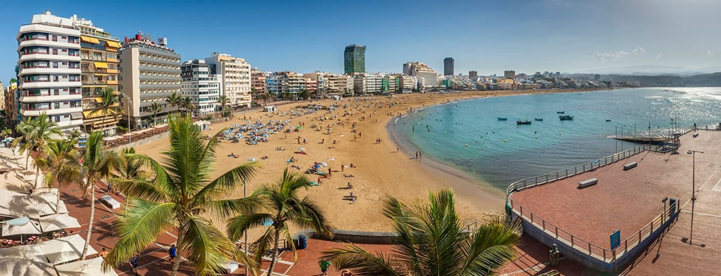 Una playa con un paseo marítimo, palmeras y edificios al fondo.