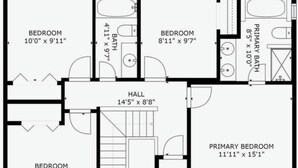 Plano de planta con tres dormitorios, un dormitorio principal, un pasillo, un aseo y un baño principal.