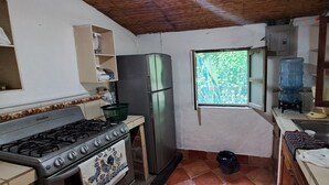 Una cocina compacta con estufa a gas, refrigerador y ventana con vista a la vegetación.