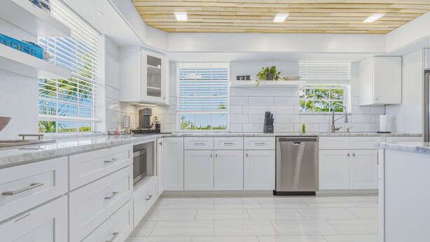 Une cuisine moderne avec des meubles blancs, un lave-vaisselle en acier inoxydable et une fenêtre équipée de stores.
