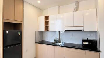 Fridge, microwave, stovetop, electric kettle