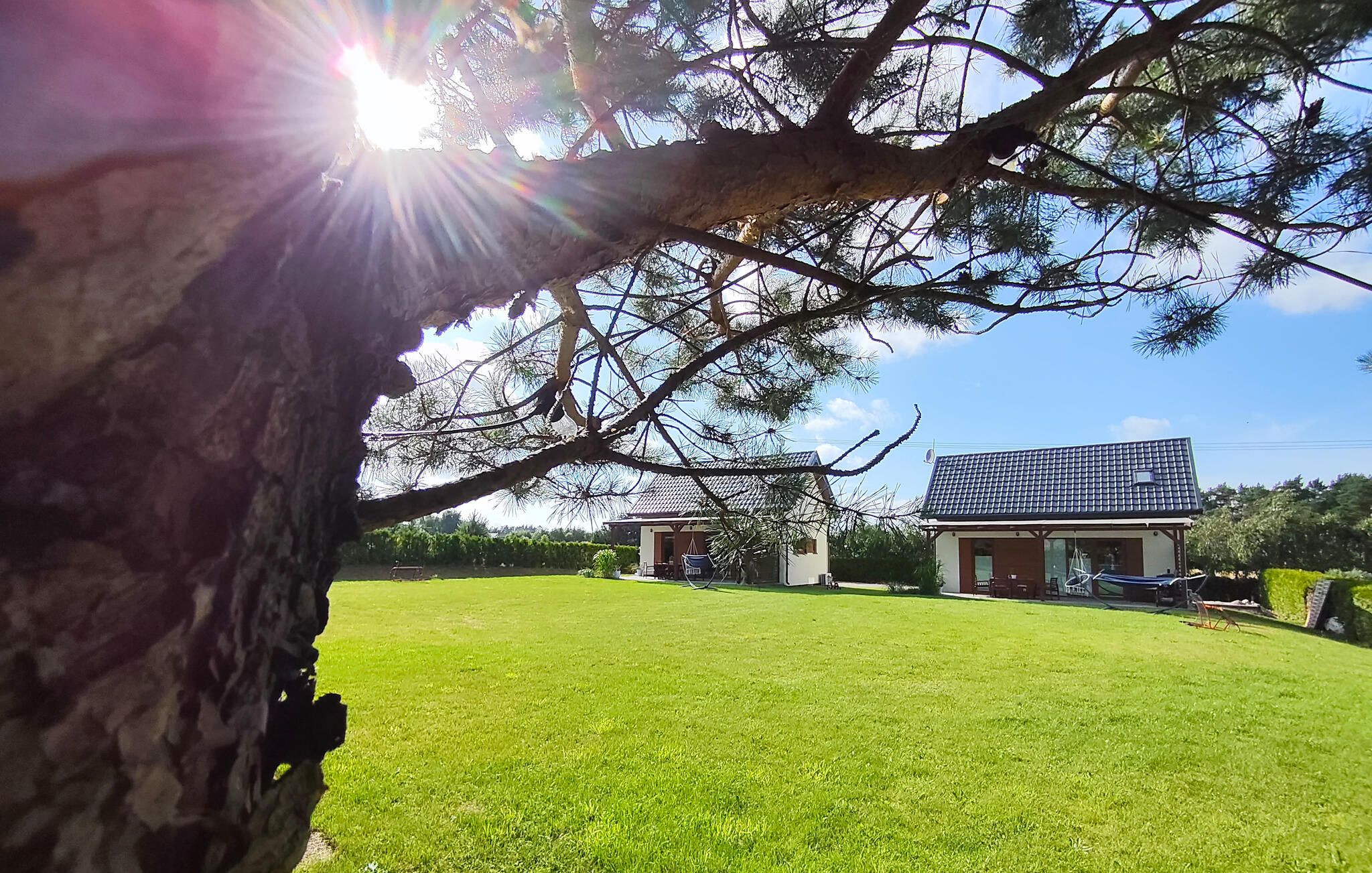A residential property with a large lawn, a house with a tiled roof, and a tree in the foreground.