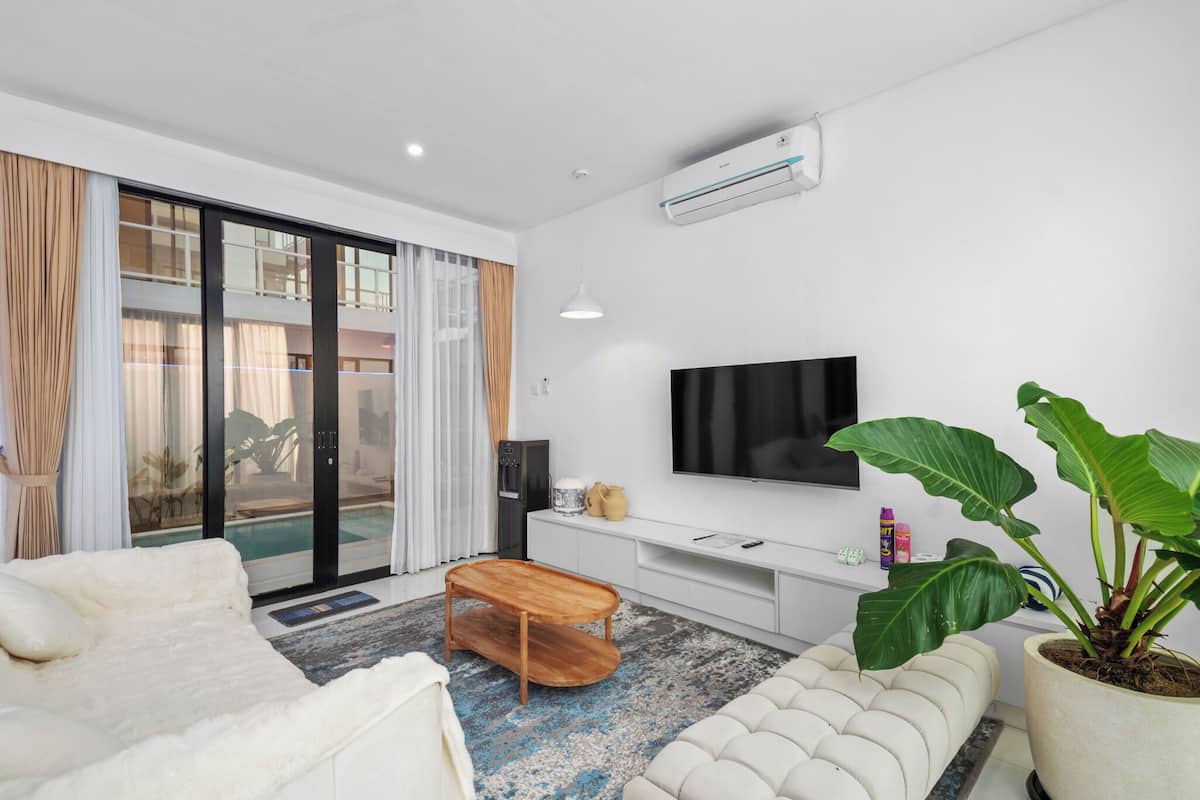 A modern living room with a sofa, a coffee table, a TV, and a large plant.