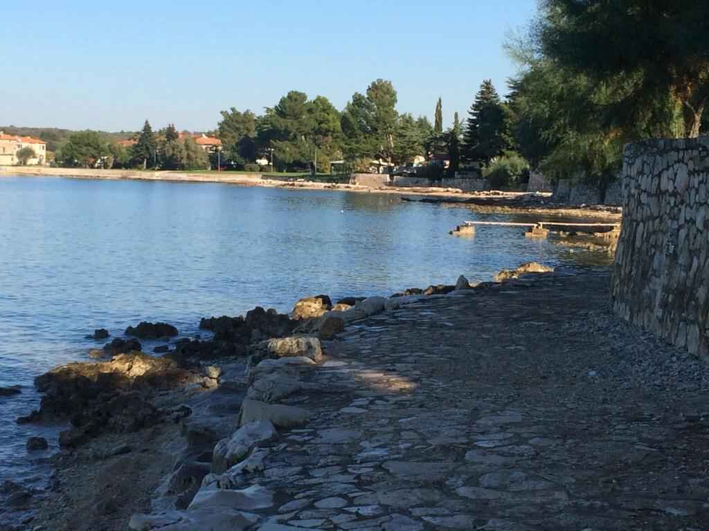 Een pad van stenen langs een rustig wateroppervlak, met een stenen muur aan de ene kant en bomen en gebouwen op de achtergrond.