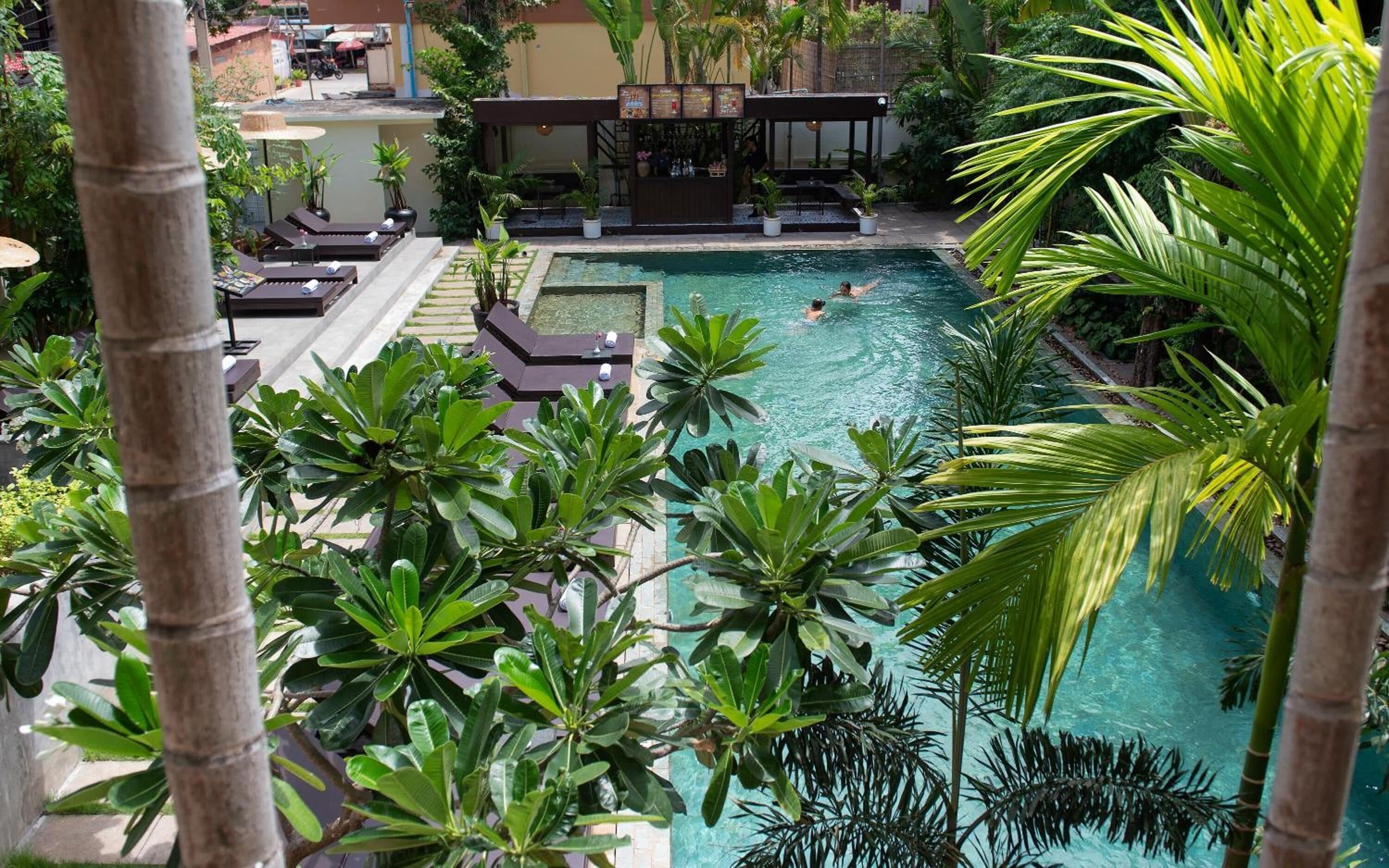 Piscine extérieure, chaises longues
