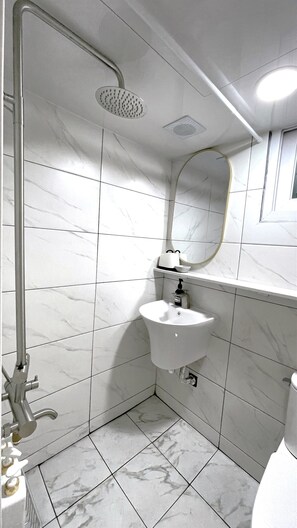 Een douche, een haardroger, handdoeken, zeep