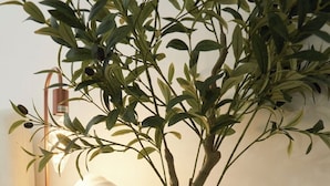 A potted olive tree with a woven basket, a lamp, and a decorative globe on a bedside table.