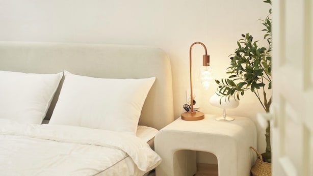 A neatly made bed with white linens, a bedside lamp, and a small potted plant on a bedside table.