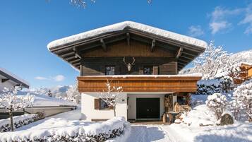 A modern chalet with a sloped roof, wooden exterior, and a deer head mounted on the wall.