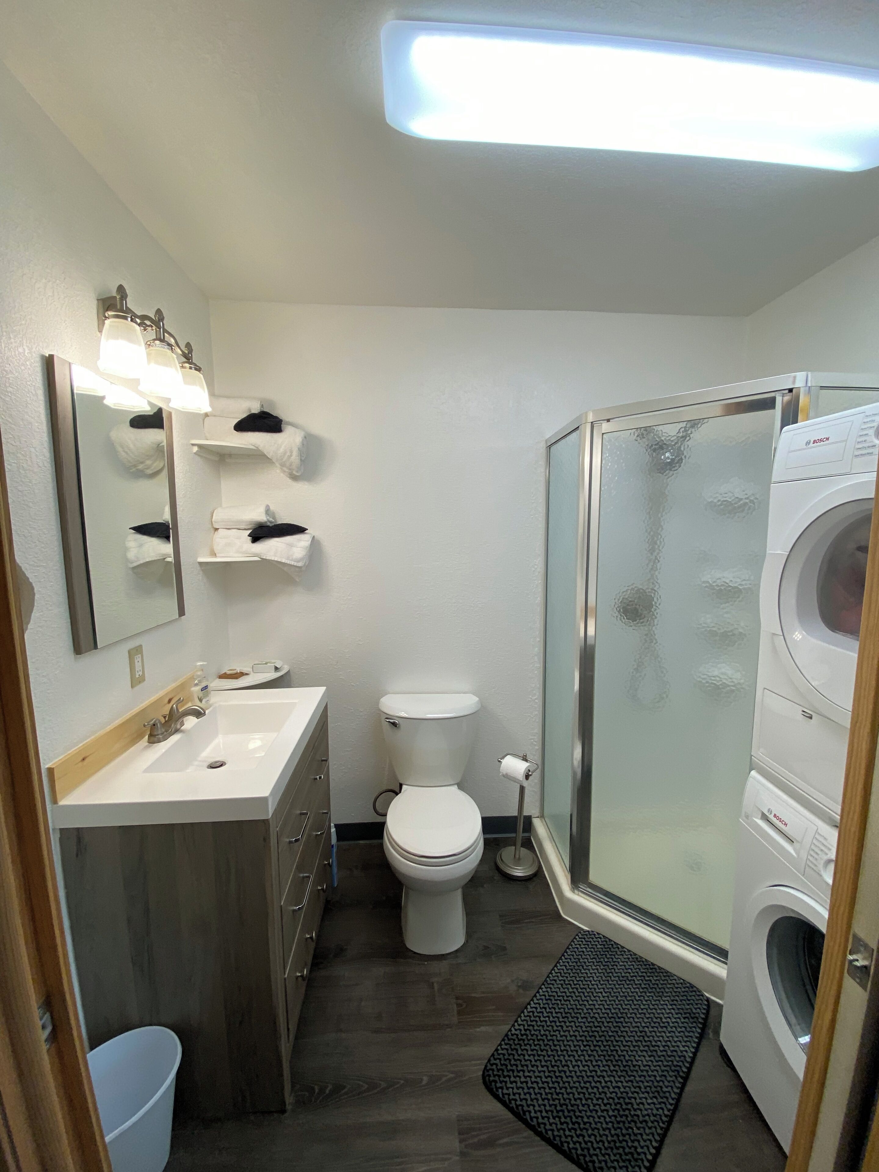 Shower, towels, toilet paper
