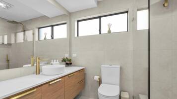 Shower, hair dryer, towels, soap