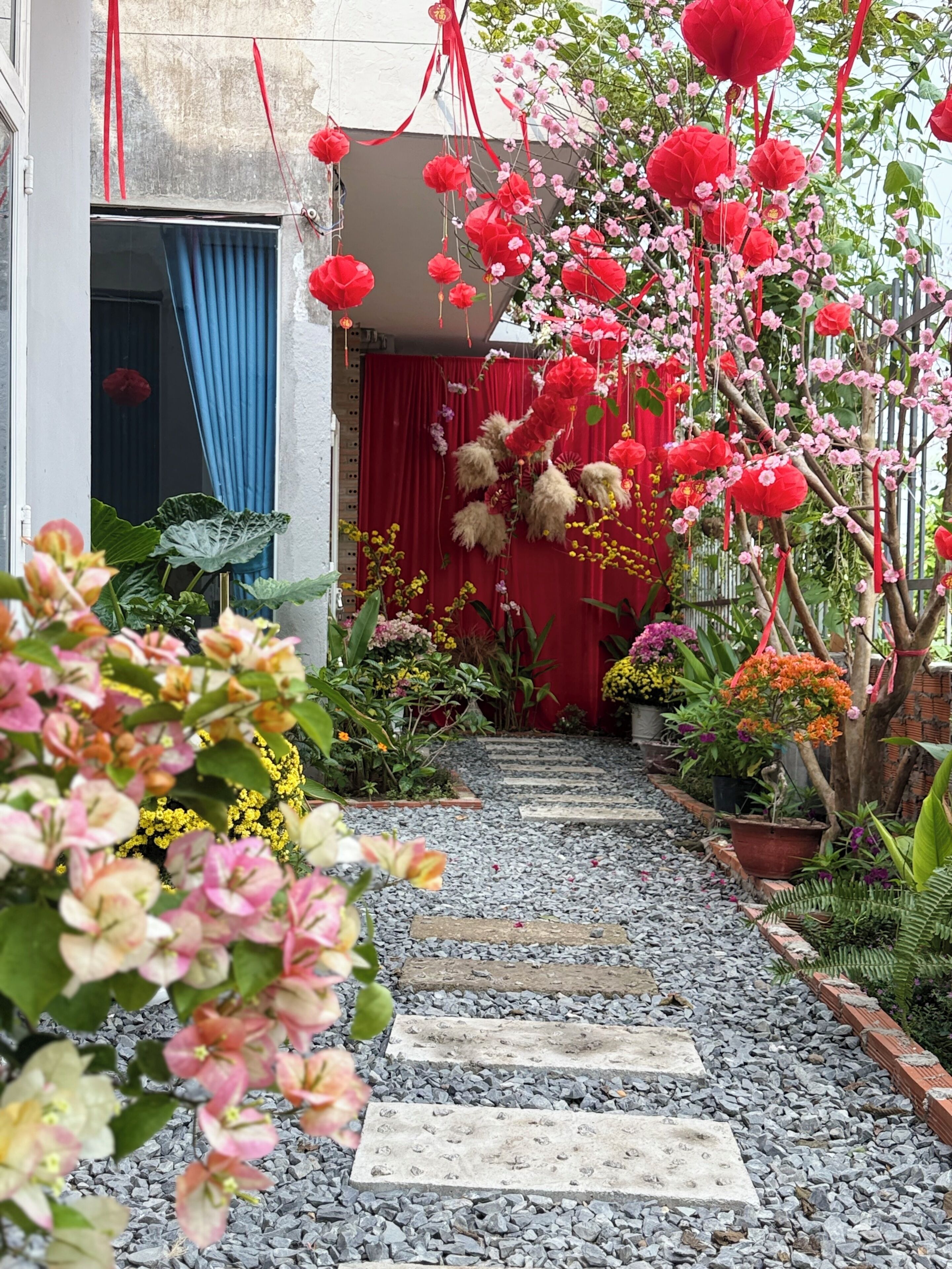 A garden pathway with stepping stones, surrounded by various potted plants and flowering shrubs.