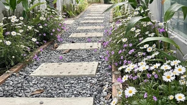 Een pad met staptegels en diverse planten, dat leidt naar een gebouw met grote ramen.
