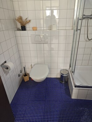 Et badeværelse med toilet, bidet, brusebad og blå fliser.