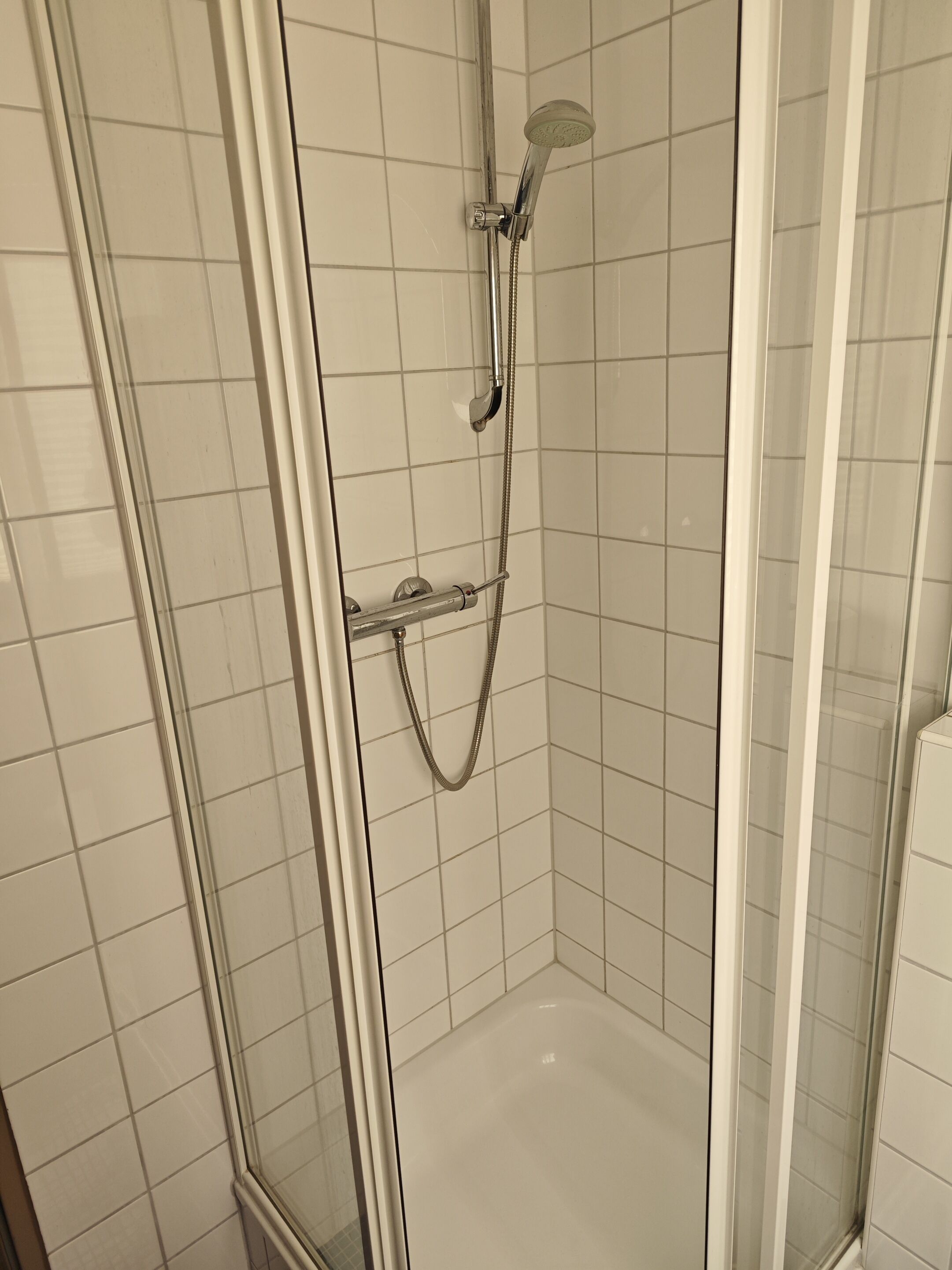 A shower with a handheld showerhead and a handheld hose.