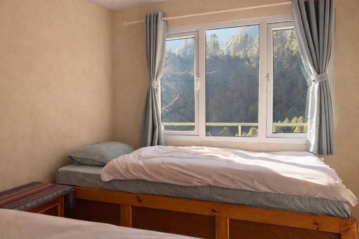 A single bed with a wooden frame, a window with curtains, and a view of trees outside.