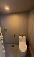 Un baño con inodoro, ducha y un ventanal pequeño.