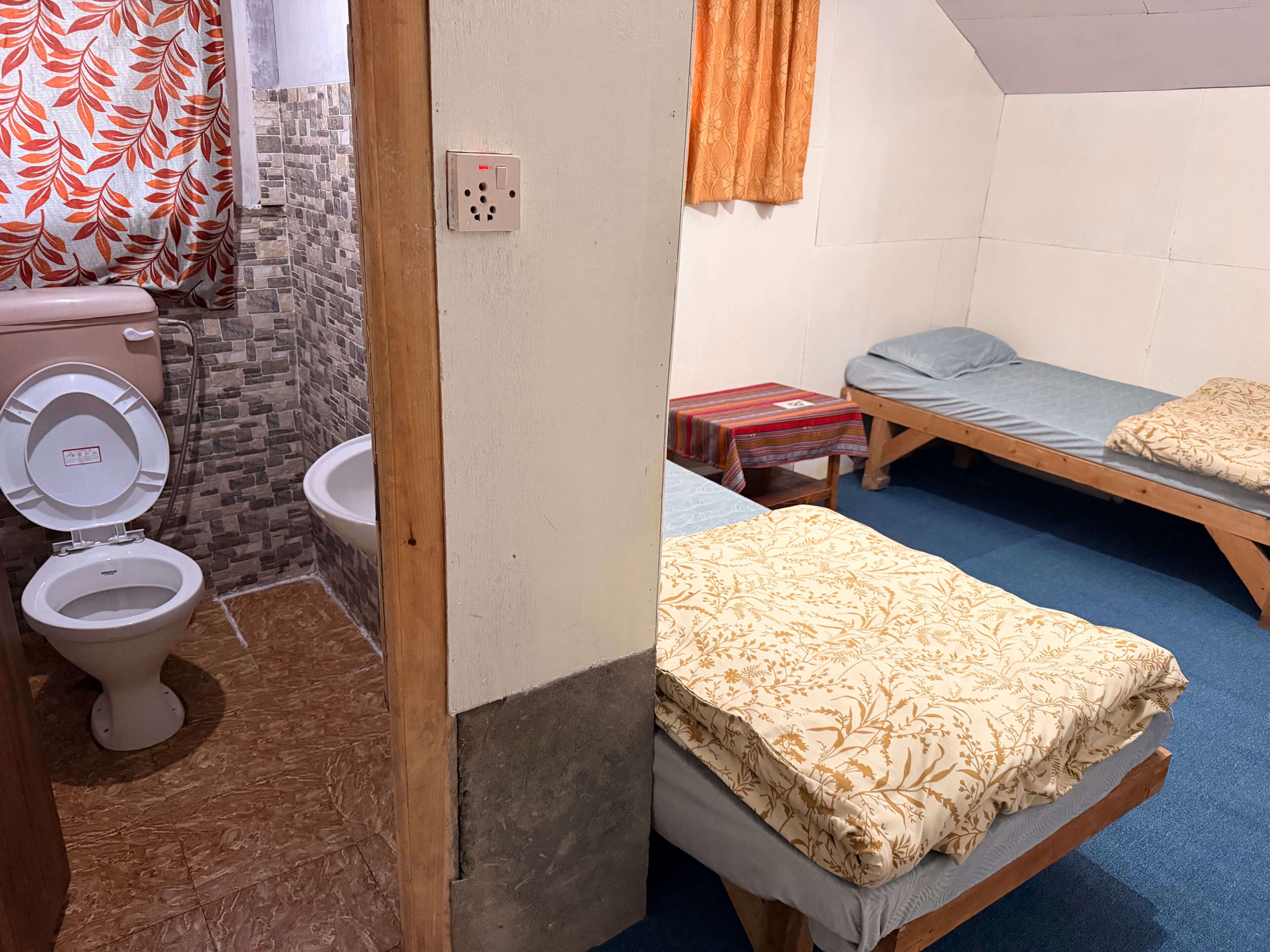 Een kamer met toilet, wastafel, stopcontact en twee bedden met blauw tapijt.