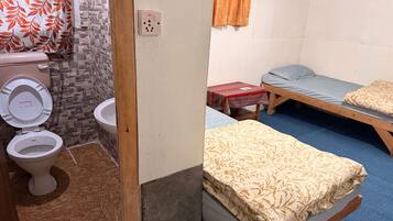 A room with a toilet, a sink, a power outlet, and two beds with blue carpeting.