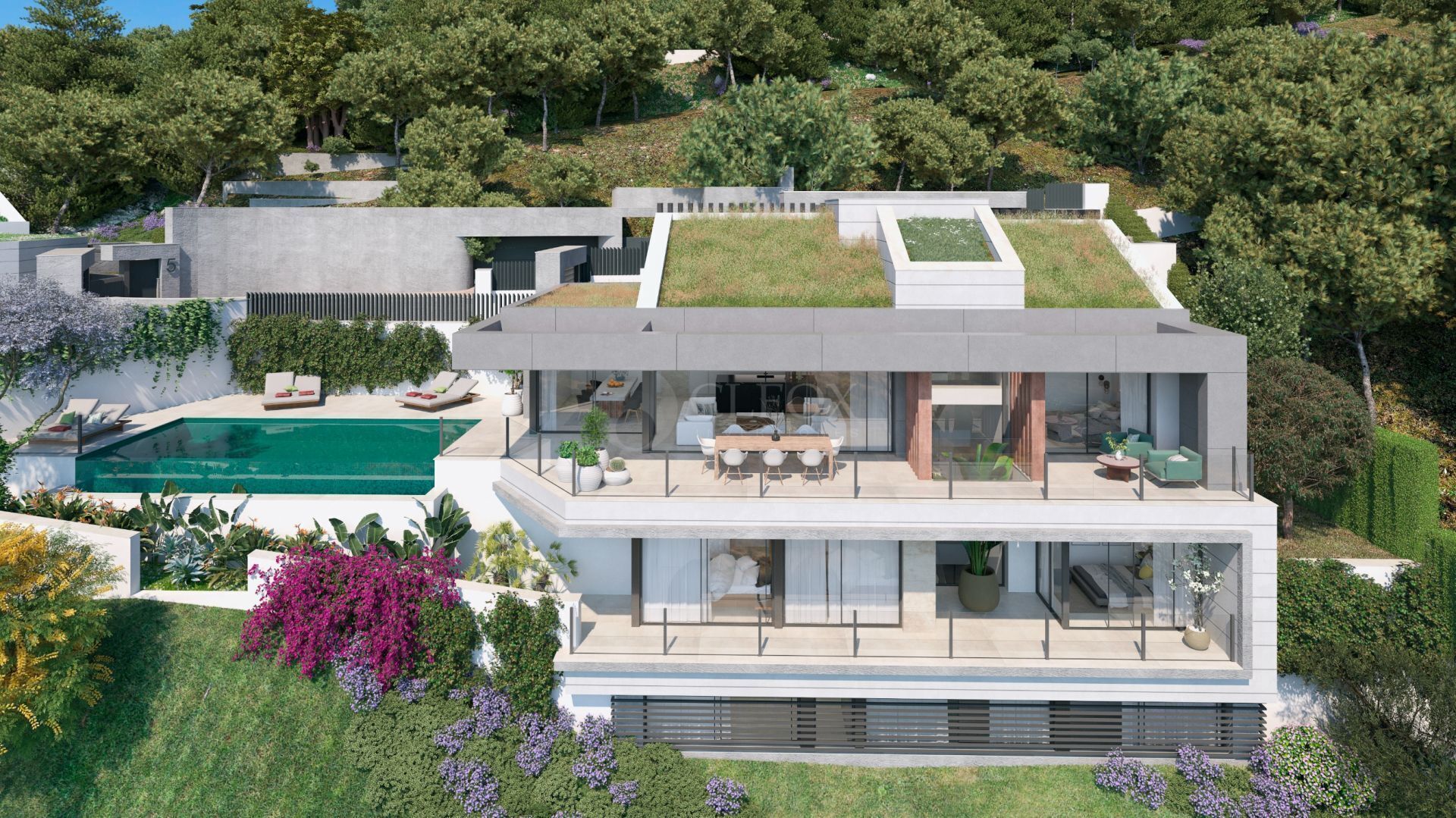 A modern two-story house with a rooftop garden, a swimming pool, and a well-maintained garden.